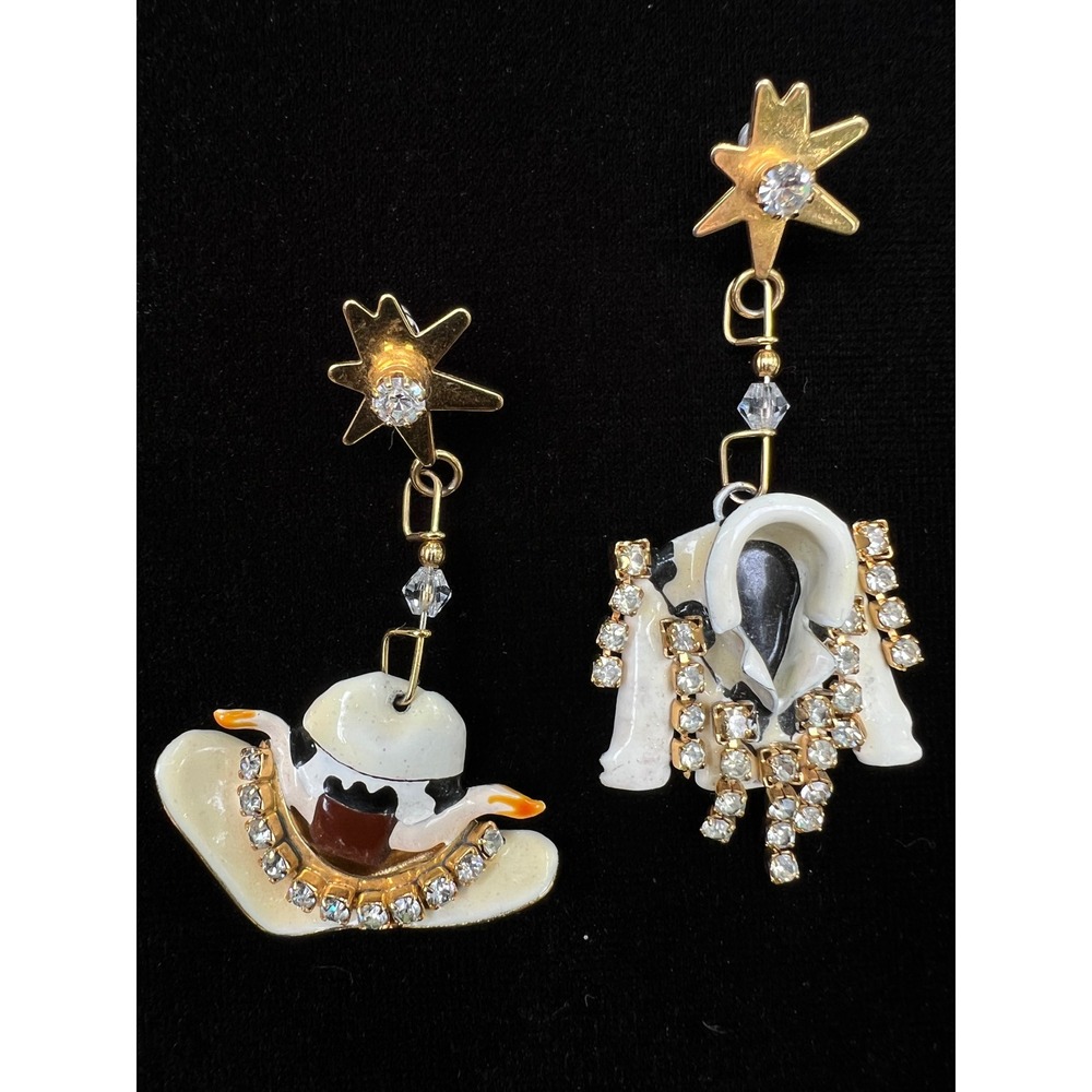 VTG Lunch at the Ritz Gold Plated Enamel Rodeo Cowgirl Hat/Jacket Drop Earrings